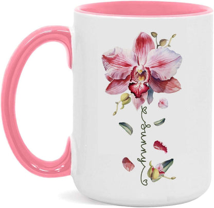Novelty Coffee Cup With Orchid Design, Personalized Name Flower Accent Mug, Custom Orchid Flower Ceramic Cup 11oz 15oz, Customized Flower Lover Mug, Gift For Family Member