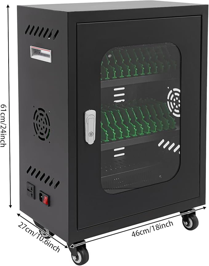 30 Slots Cell Phones Charging Station, Rechargeable Cellphone Locker Storage Charging Station, Mobile Charging Cart with Charging Ports, Wheels & Combination Lock (Black)