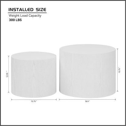 Nesting Coffee Table Set of 2, Modern Round Coffee Table with Non-Slip Feet, Wooden Circle Accent Tables for Small Spaces Living Room Bedroom Balcony Office Drum Side Table (White)