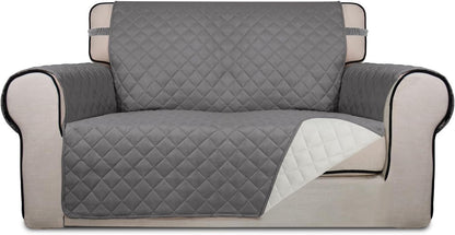 PureFit Reversible Quilted Sofa Cover, Water Resistant Slipcover Furniture Protector, Washable Couch Cover with Non Slip and Elastic Straps for Kids, Dogs, Pets (Loveseat, Gray/Ivory)