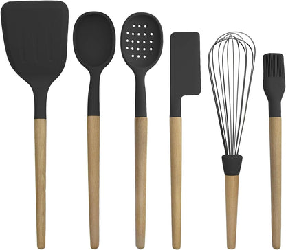Country Kitchen Non Stick Silicone Utensil Set with Rounded Wood Handles for Cooking and Baking, 6 Piece Set, Black