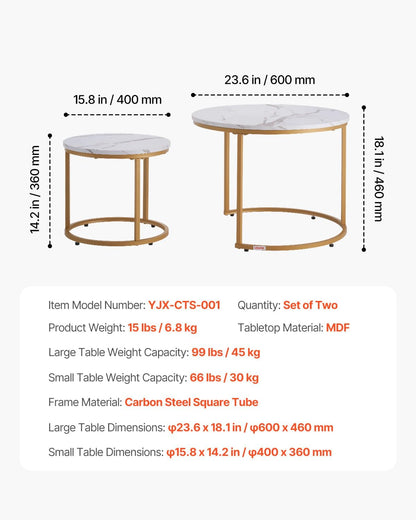 VEVOR Nesting Tables, Coffee Table Set of 2, 23.6 inch Round Coffee Table, Small Coffee Tables Night Stand with Metal Frame, for Living Room, Bedroom, Office (White & Gold)
