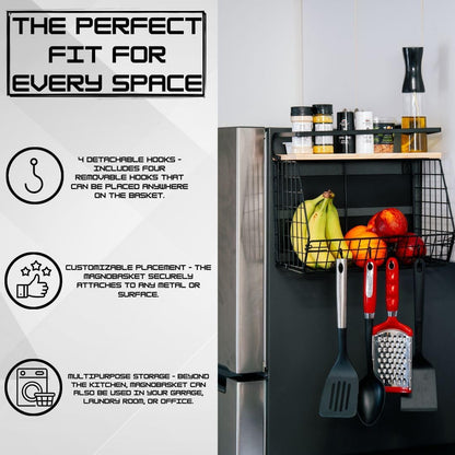 Magnetic Shelf For Fridge with Wood Lid - Fridge Magnet Organizer with 4 Hooks, Magnetic Basket for Fridge, Magnetic Storage for Refrigerator, Magnetic Spice Rack for Refrigerator