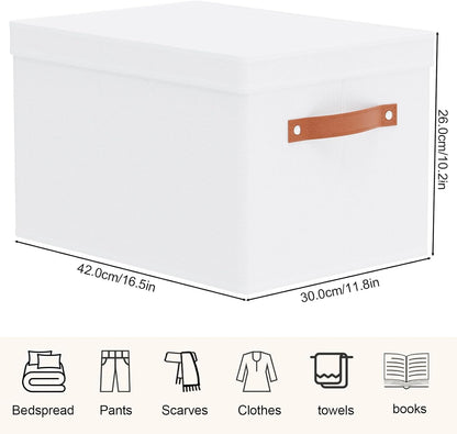 Fabric Storage Bins, Clothes Boxes for Shelves with Lids, 1 Pack Baskets for Organizing with Handles, Decorative Linen Closet Organizers, White, 16.5 x 11.8 x 10.2 Inch