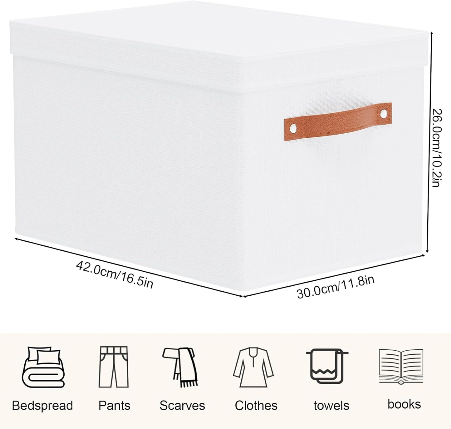 Fabric Storage Bins, Clothes Boxes for Shelves with Lids, 3 Pack Baskets for Organizing with Handles, Decorative Linen Closet Organizers, White, 16.5 x 11.8 x 10.2 Inch