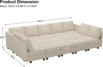 Belffin Large 15 Seat Modular Sectional Sofa with Storage Seat Corduroy Sleeper Sectional Sofa Bed Oversized Convertible Modular Couch for Living Room Beige
