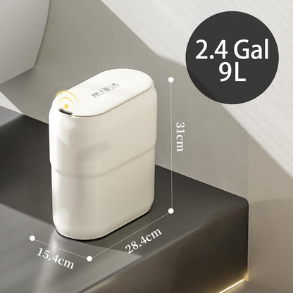 Slim Motion Sensor Trash Can for Bathroom, Automatic Compact Touchless Garbage Bin with Lid, 2.4 Gallon Small Electric Waste Basket for Narrow Apartment Dorm Office, Kitchen, Bedroom, Cream White