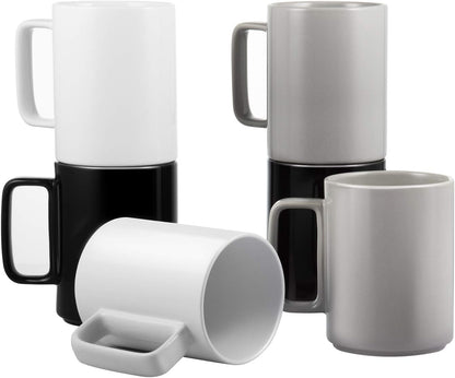 E-liu Porcelain Tea Mugs Coffee Mug Set, Large 15 Ounces Cups for Coffee, Tea, Cocoa, and Mulled Drinks, Set of 6, BlacK White Grey