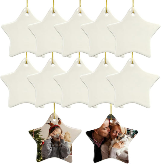 Sublimation Ornament Blanks Ceramic Star Sublimation Christmas Ornament Blanks Double Side with Gold String - Ceramic Christmas Ornaments Personalized Christmas Stocking Stuffers