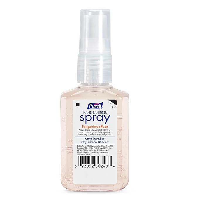 PURELL Hand Sanitizer Spray, Infused with Essential Oils, Tangerine and Pear Scent, 2 fl oz Travel-Size Pump Bottle (Pack of 6) – 2025-04-EC