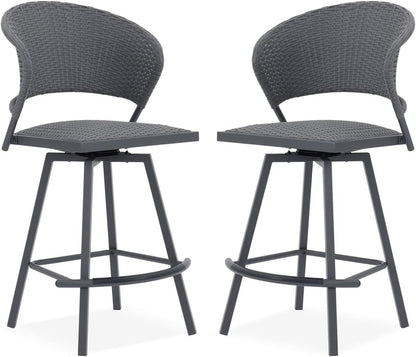 VICLLAX Patio Bar Stool Chairs with Footrests and Padded Seat, Bar Height Swivel Patio Chairs Set of 2, Grey Woven Wicker Swivel Bar Stools for Lawn Garden