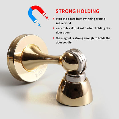 YAGU 2 Pack Magnetic Door Stoppers Holder, Zinc Alloy Bright Gold Door Stops Catch Wall Floor Mounted, Magnet Metal Soft-Catch
