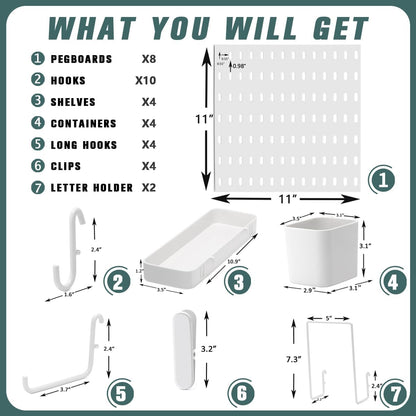 Pegboard Combination Kit, 25.2" x 50.4" Wall Mounted Storage Set with 8 Pegboards & 40 Accessories Hanging, Peg Boards Organizer