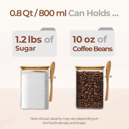 ComSaf 0.8 Qt Glass Jars with Bamboo Lids & Spoons Set of 4, Square Glass Containers with Lids, Sugar Coffee Containers Salt Spice Jars, Pantry Storage Container for Loose Tea, Candy, Brown Sugar, Nut