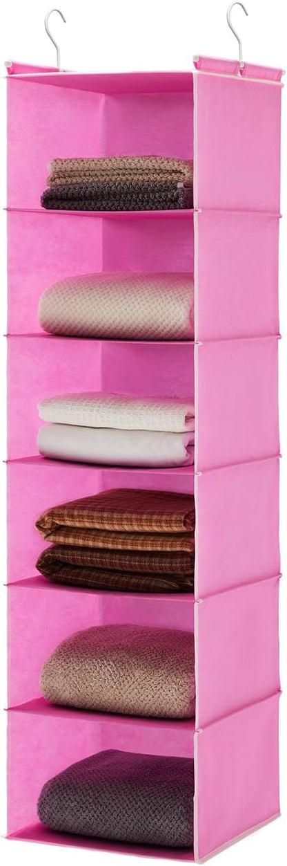 MAX Houser 6-Shelf Hanging Closet Organizer, Hanging Storage Shelves with 2 Sturdy Hooks Space-Saving for Bedroom, Foldable (Pink)