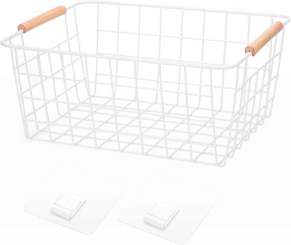 Metal Wire Food Storage Basket Organizer with Wooden Handles for Organizing Kitchen Cabinets, 2 Packs-White