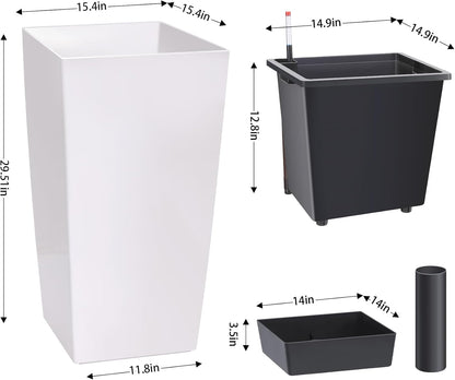 30" Tall Planters Set of 2, Outdoor＆Indoor Black Planter Pots, High Front Porch Planter Pots with Drainage Holes＆Water Level Monitor Movable Wheels ＆Inner Bucket, Automatic Watering, White