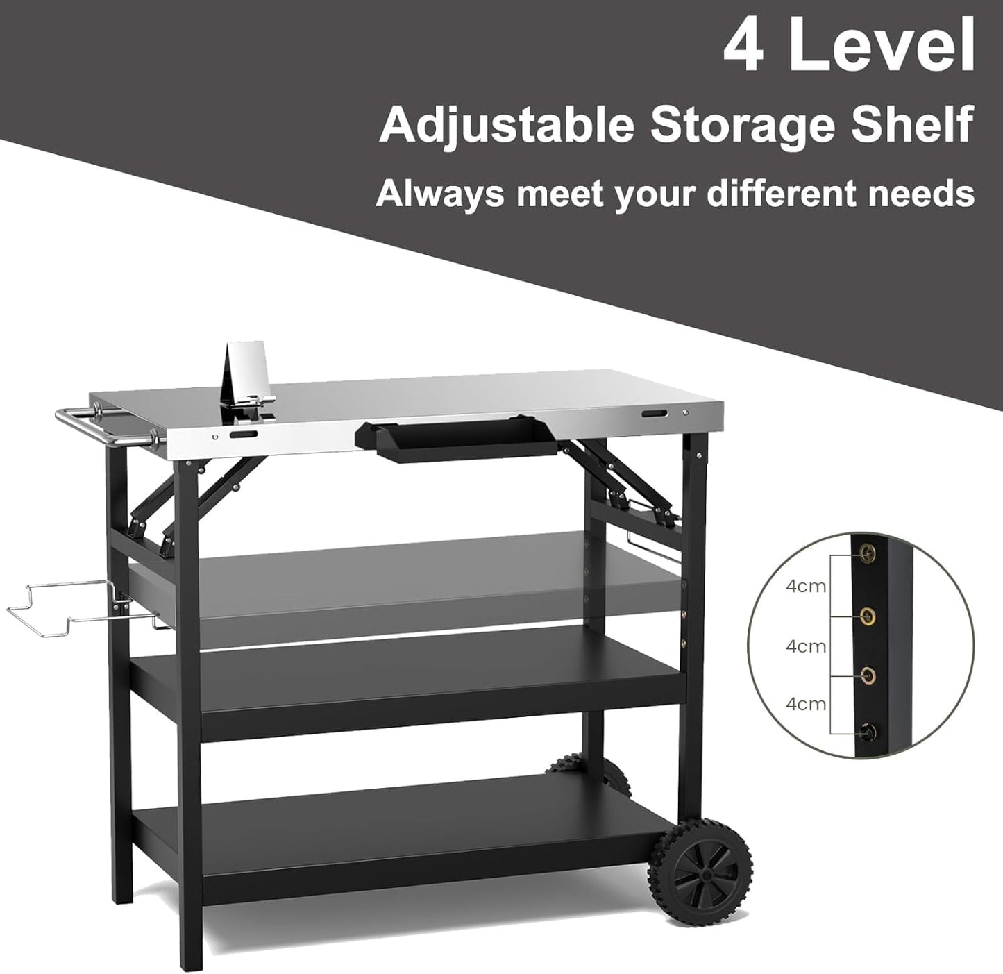 ERGOMASTER Grill Table Cart, Outdoor Kitchen Island with 4-Position Adjustable Shelf, Stainless Steel Serving Cart for Patio Garden