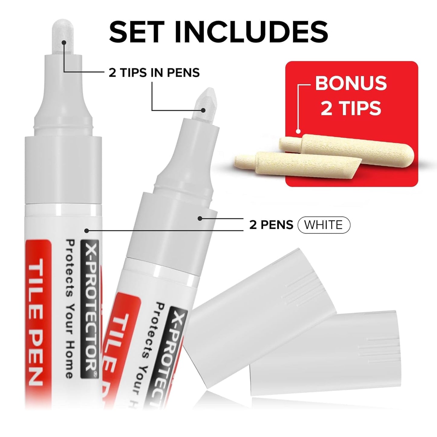X-Protector Pen for Grout - 2 PCS, White - Ideal Grout Paint Pens to Make Grout White Again - Premium Grout Renew Pen with 2 Tips Types - Make Your Grouts Perfect Again!