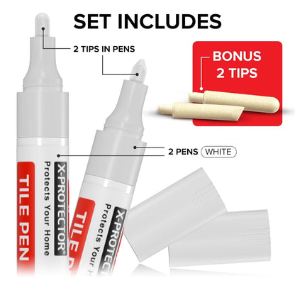 X-Protector Pen for Grout - 2 PCS, White - Ideal Grout Paint Pens to Make Grout White Again - Premium Grout Renew Pen with 2 Tips Types - Make Your Grouts Perfect Again!