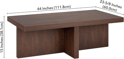 Henn&Hart 44" Rectangular Wood Pedestal Low-Profile Coffee Table for Living Room, Family Room, or Office, Alder Brown