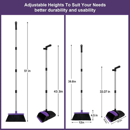 Broom with Dustpan Combo Set, 51" Household Dustpans and Broom, Standing Dust Pan Set for Home, Purple Cleaning Set for Kitchen Lobby Indoor Outdoor