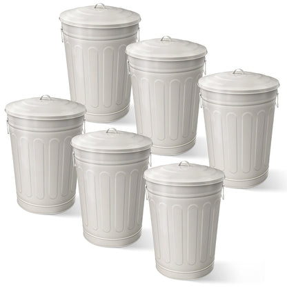 Plexon Round Trash Can 13 Gallon, Vintage Metal Outdoor Trash Can with Lid, Retro Farmhouse Garbage Container, Old School Modern Ash Bucket, Beige 6 Pack