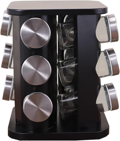 Spice Rack, Spice Rack Organizers for Countertop, Rotating Countertop Spice Rack, Revolving Spice Rack for Kitchen, Kitchen Gadgets, Organizer Rack with Spice Jars (Black, SquareHead_12Jars)