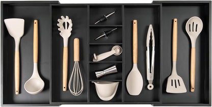 Adjustable Kitchen Drawer Organizer for Utensils and Junk, Food-Safe Contract Grade with 100% Sustainable Wood, Expandable from 19 to 33 Inches Wide - Black Bamboo