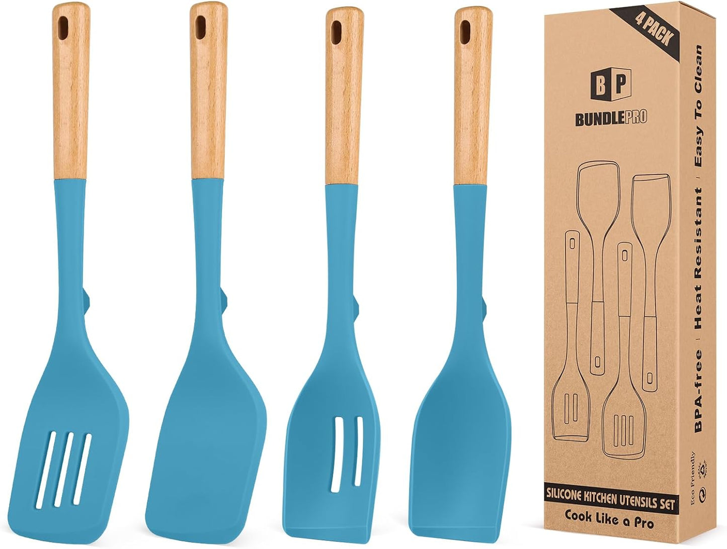 Pack of 4 Silicone Kitchen Utensils Set, Non Stick Solid Spatulas and Heat Resistant Slotted Spoons with Wooden Handle, Ideal BPA Free Cooking Utensils for Mixing,Serving,Turning,Stirring(BLUE)