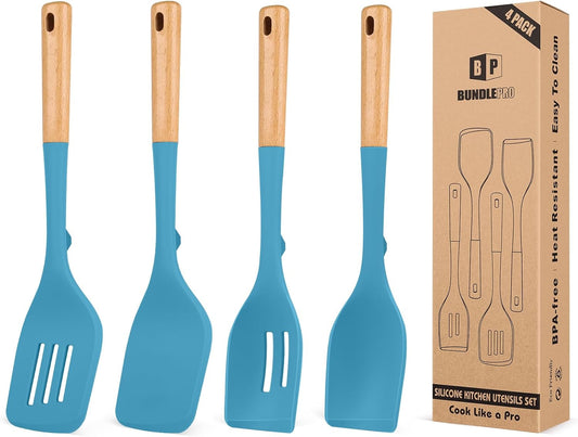 Pack of 4 Silicone Kitchen Utensils Set, Non Stick Solid Spatulas and Heat Resistant Slotted Spoons with Wooden Handle, Ideal BPA Free Cooking Utensils for Mixing,Serving,Turning,Stirring(BLUE)