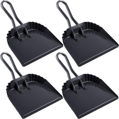 Mumufy 4 Pack 12 inch Heavy Duty Metal Dustpan Large Wide Dust Pans for Household Handheld Wide Scooper and Debris Cleaning Tool Ideal for Home and Commercial Use(Black)