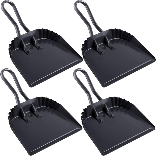 Mumufy 4 Pack 12 inch Heavy Duty Metal Dustpan Large Wide Dust Pans for Household Handheld Wide Scooper and Debris Cleaning Tool Ideal for Home and Commercial Use(Black)