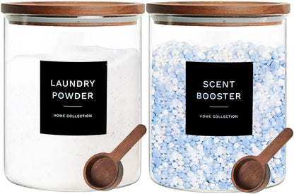 Glass Laundry Storage Containers with Acacia Lids and Scoops, 2 Pack Laundry Room Organization Jars with Labels, Powder Detergent Organizer and Laundry Pod Holder, Glass Laundry Beads Canisters Set