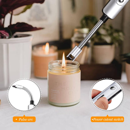 Lsnisni 5Pcs Candle Accessory Set With Rechargeable Electric Lighter, Storage Tray, Wick Trimmer, Snuffer, Dipper - Stainless Steel Care Kit With Gift Package for Candle Lovers - Silver
