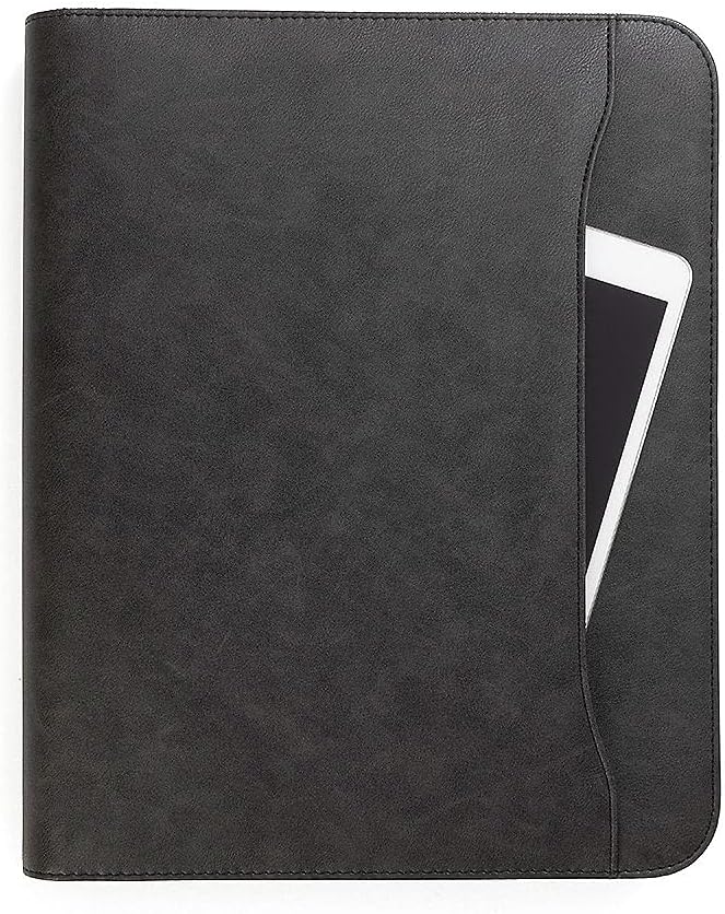 Forevermore Portfolios Padfolio Binder - Professional Faux Leather Travel Organizer Pouch for Tablet, Documents, Presentation Folders, Zipper Closure, Removable 3-Ring Notepad - Black