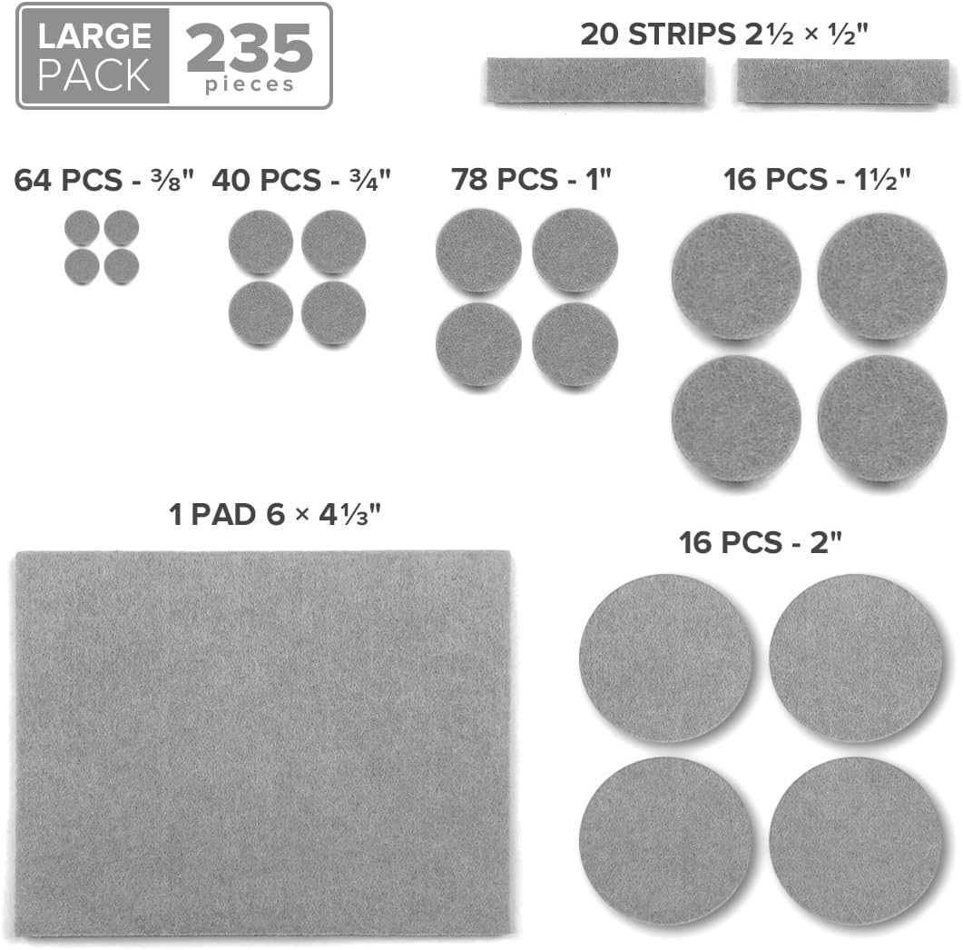 235 pcs Grey Felt Furniture Pads X-Protector! Huge Quantity of Furniture Pads for Hardwood Floors with Many Big Sizes – Your Ideal Wood Floor Protectors for Furniture. Protect Any Type of Hard Floor!