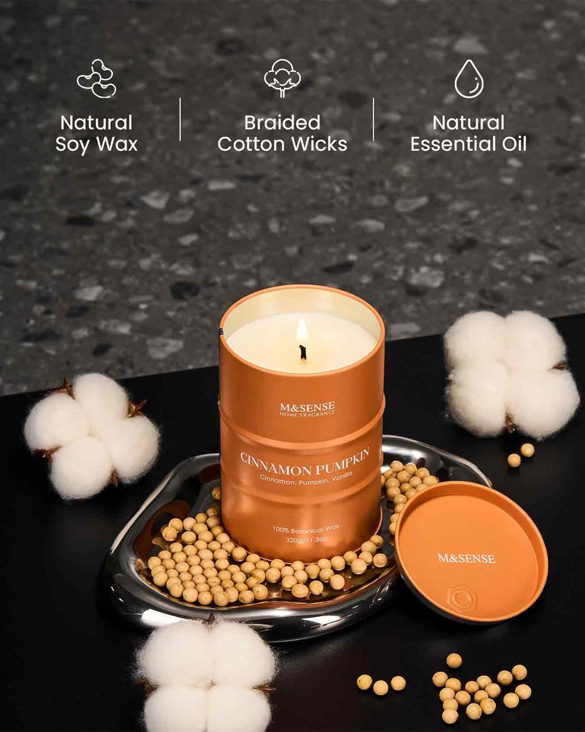 M&SENSE Cinnamon Pumpkin Scented Candles Natural Non Toxic, Aromatherapy Candle for Stress Relief Meditation Relaxing, Housewarming Gifts for Women Men, 11.3oz 70 Hour Long Burning