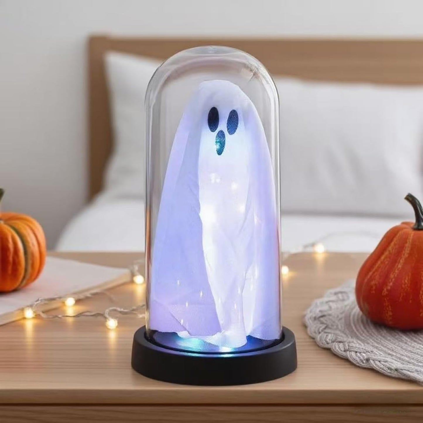 Light Up Ghost in Glass Cloche,Halloween Decorations Indoor,Cute LED Ghost Decor for Mantel,Tabletop,Cute Decorative Ornaments Suitable for Halloween Parties and Festivals(Colored Light,Glass Cover)