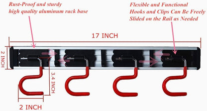 QBOSO Wall Mounted Mop and Broom Holder Stainless Steel S Type Broom Rack Anti-Slip Mop Organizer (17 Inches,4 Positions 3 Hooks, Red black) (17inch)