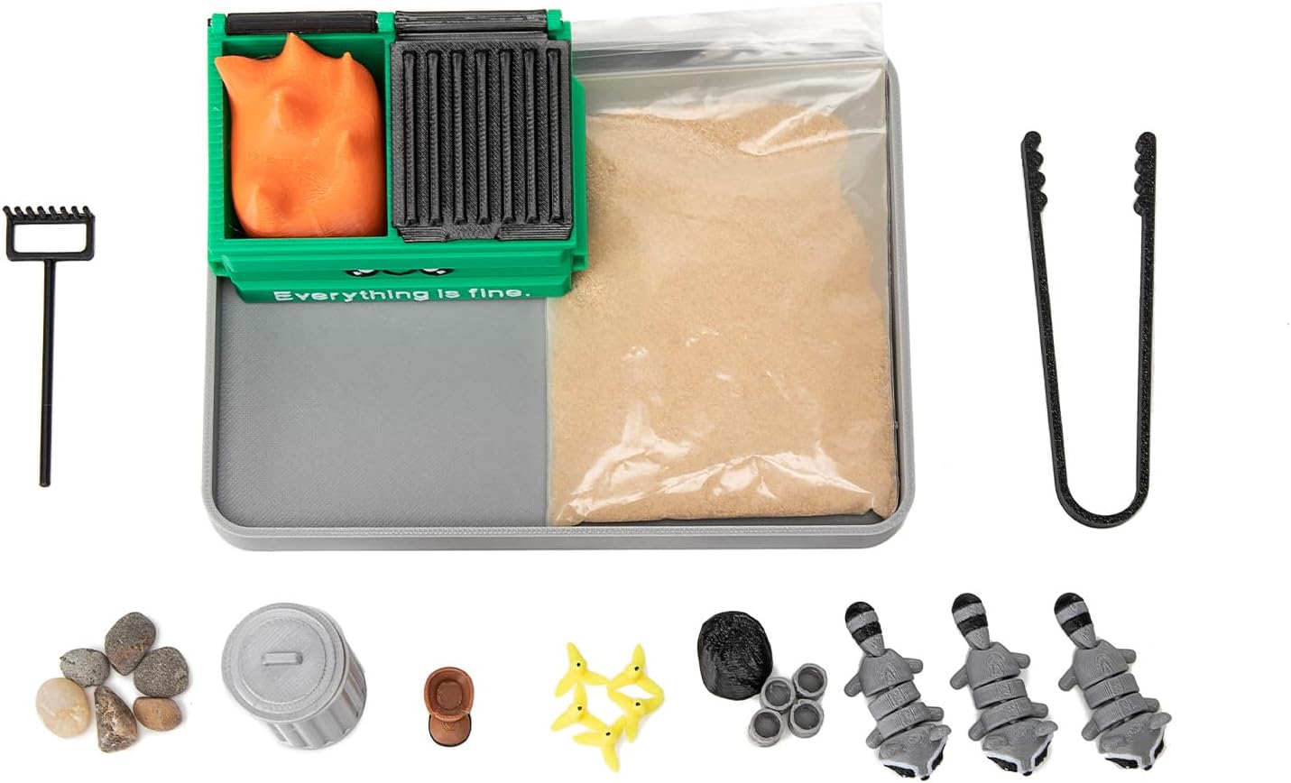 Stylor Dumpster Fire Zen Garden Desk Decor - Miniature Sandbox with Raccoon & Flames, Humorous Office Stress Relief Gift, Includes Stones, Sand & Accessories