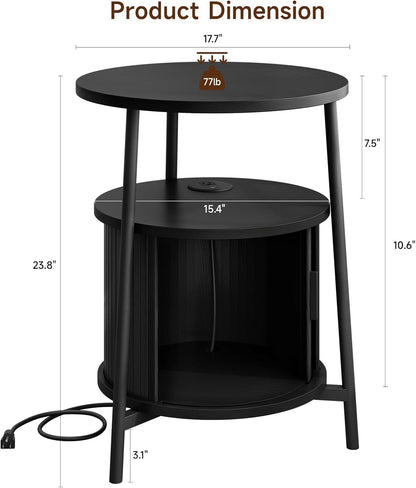 Round Side Table with Storage, Fluted Nightstand with Charging Station, Small Mid-Century Modern Bedside Tables, Black End Tables for Small Space Living Room Bedroom Sofa Couch
