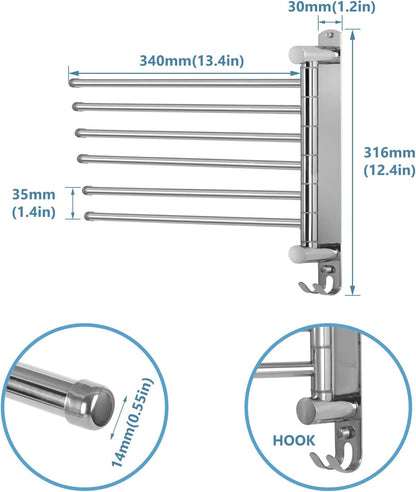 Towel Rack Wall Mounted JSVER Bathroom Towel Rack, Space Saving Towel Holder, Swivel SUS304 Stainless Steel Towel Bar, 180° Rotation 6 Arms Towel Racks for Bathroom