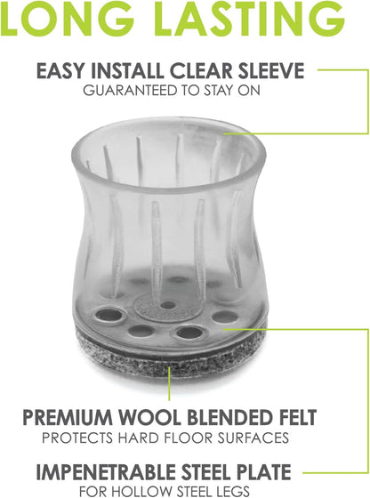 Slipstick GorillaFelt Chair Leg Floor Protectors for Hardwood Floors, Clear Sleeve Felt Pads for Furniture That Stay On, Fits Round & Square Legs, Includes 4 Premium Transparent Chair Socks, CB188