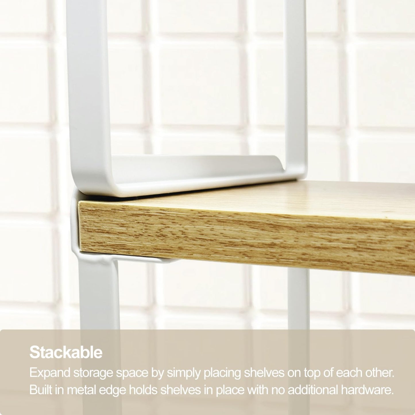 Mitus Shelf Organizer and Storage, Stackable Tiered Wood Cabinet Rack for Countertops, Desktops, Cabinets (Set of 2) 16" Wide Natural Oak and White