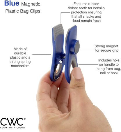 COOK WITH COLOR Bag Clips - Heavy Duty Chip Clip and Refrigerator Magnet Clips for Food Storage with Air Tight Seal Grip, Blue, Pack of 8