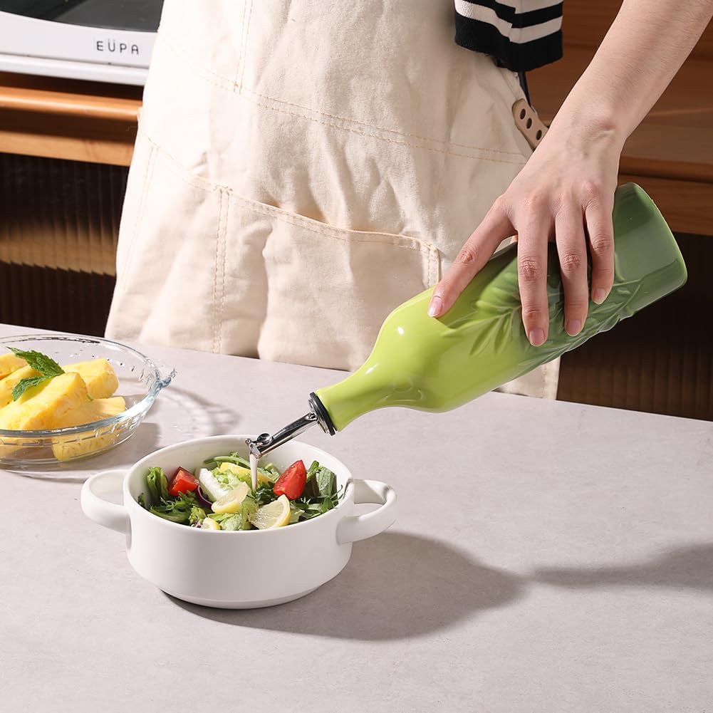 Sweejar Large Ceramic Olive Oil Dispenser Bottle, 24 Oz Relief Opaque Oil Cruet Protects Oil To Reduce Oxidation, Storage Vinegar, Soy Sauce, Coffee Syrup, Liquids, Set of 1 (Gradient Green)