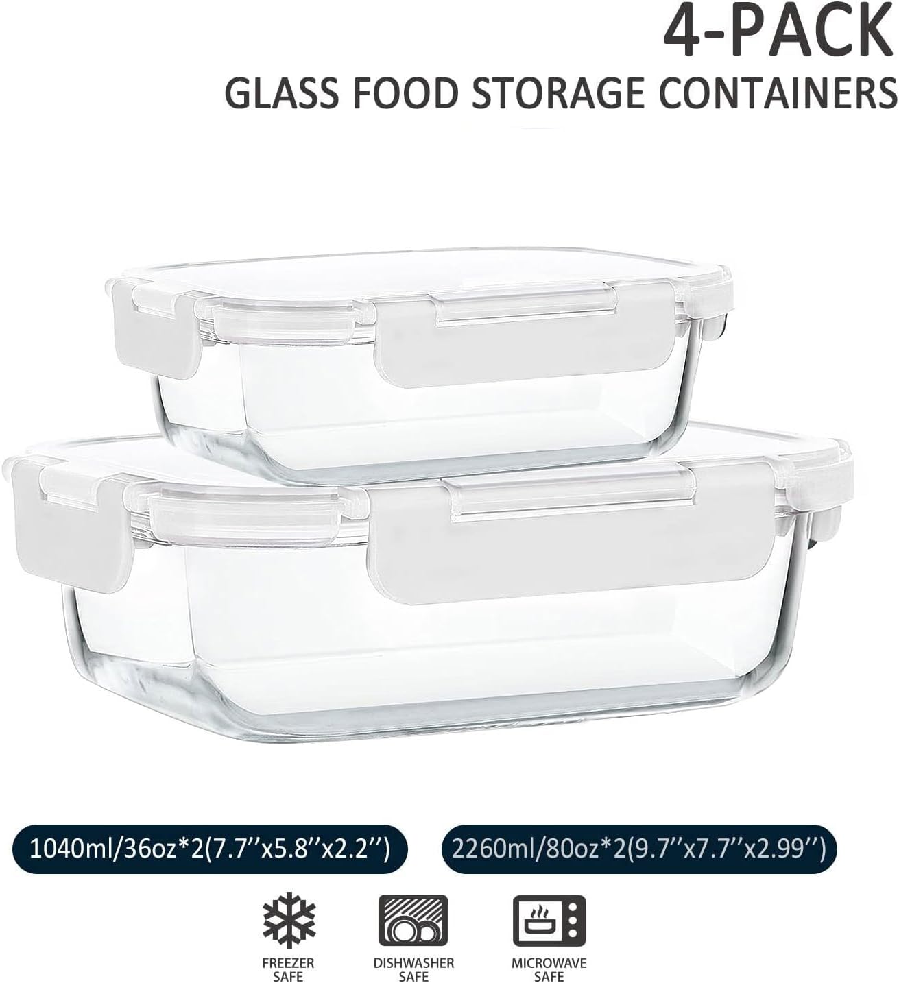 [80 oz & 36 oz]Extra Large Glass Food Storage/Baking Containers Set with Lids, 2 Pack 80 oz(10 cup)&2 Pack 36 oz (4.5 cup)Airtight Glass Container,Microwave,Oven,Freezer and Dishwasher, White