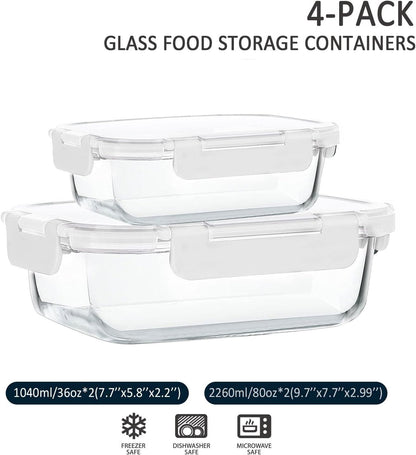 [80 oz & 36 oz]Extra Large Glass Food Storage/Baking Containers Set with Lids, 2 Pack 80 oz(10 cup)&2 Pack 36 oz (4.5 cup)Airtight Glass Container,Microwave,Oven,Freezer and Dishwasher, White
