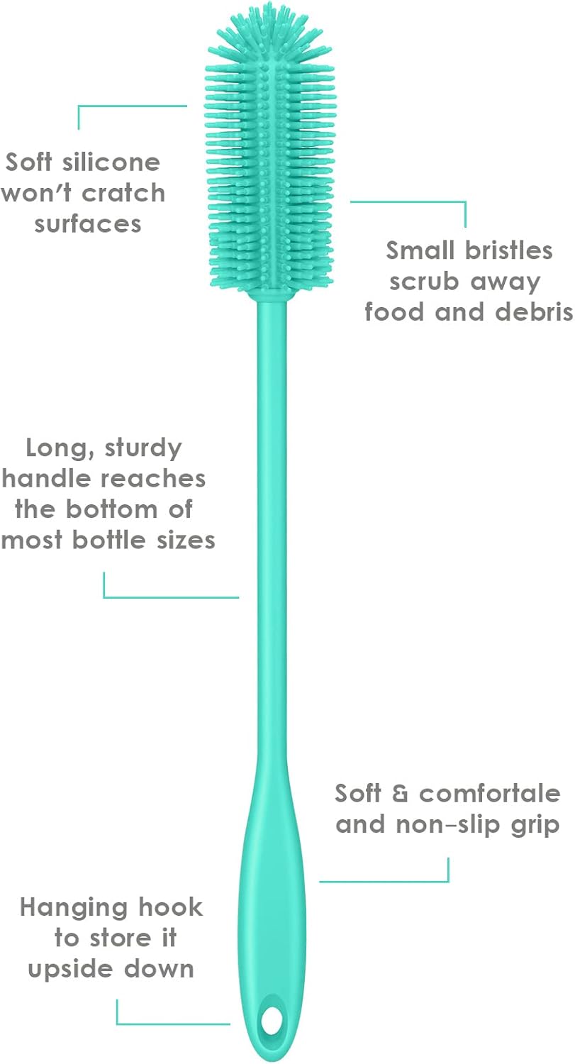 Silicone Bottle Brush, Water Bottle Cleaner Brush with Long Handle, Perfect for Cleaning Narrow Neck Containers, Vacuum Sports Bottle, Tumblers, Flask, Glassware (1 Pack, Teal)